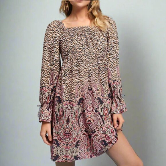 Anthropologie Mini Tunic Dress Small Brown Square Neck Empire Waist Paisley - Picture 1 of 11